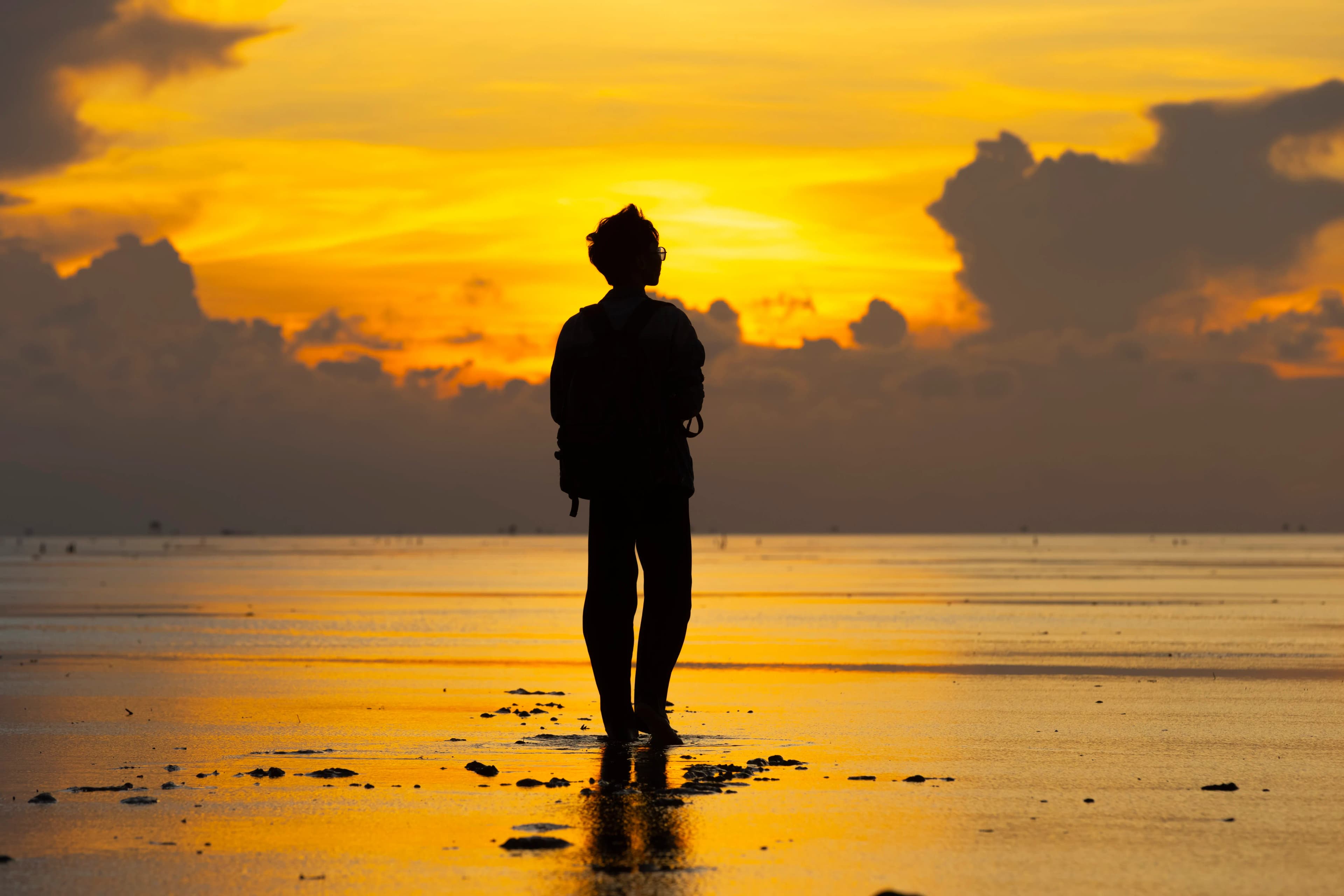 A person standing alone on a beach at sunset, surrounded by an expansive sky and quiet shoreline.