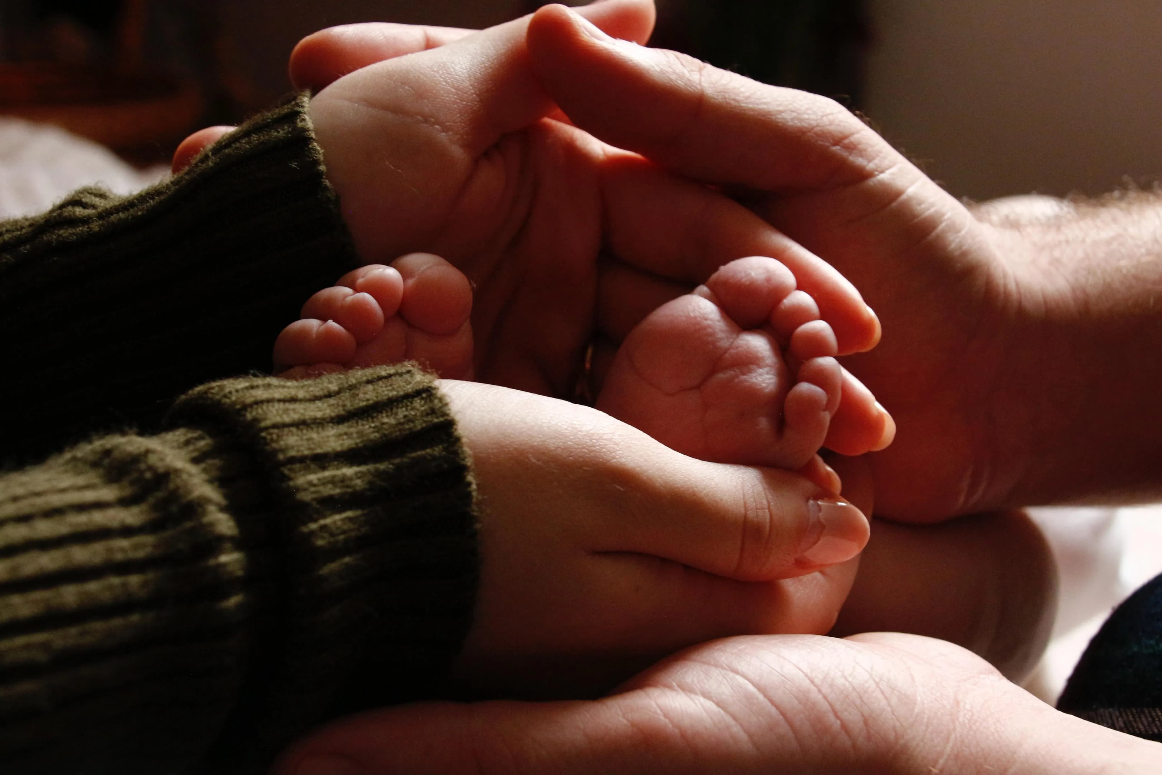 A baby's feet gently held between an adult's hands.